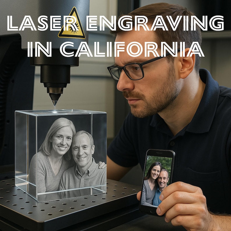 A technician carefully engraves a 3D crystal cube using advanced laser technology for precision detailing. The cube displays a lifelike portrait of an elderly couple, transformed from the photo shown on a smartphone.
The laser machine creates thousands of fine dots inside the glass to achieve depth and clarity. This process demonstrates how personal photos are converted into stunning 3D crystal. A perfect example of craftsmanship and technology blending to create meaningful personalized gifts.