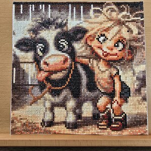 Finished Diamond Art Silly Cow with Girl/ Not Framed