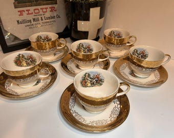 12 Piece Sabin Crest O Gold George & Martha Tea Cup and Saucer Set 22k Gold USA
