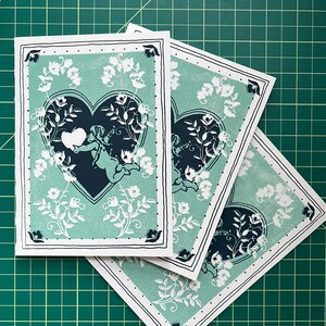 Cherub Valentines Day Card- Romantic Blue & Green Greeting Card - Blank Inside