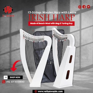 New 15 Strings Irish Harp, Celtic Irish Harp with Levers & Bag Made of Solid Beach Wood by VellumWasim .