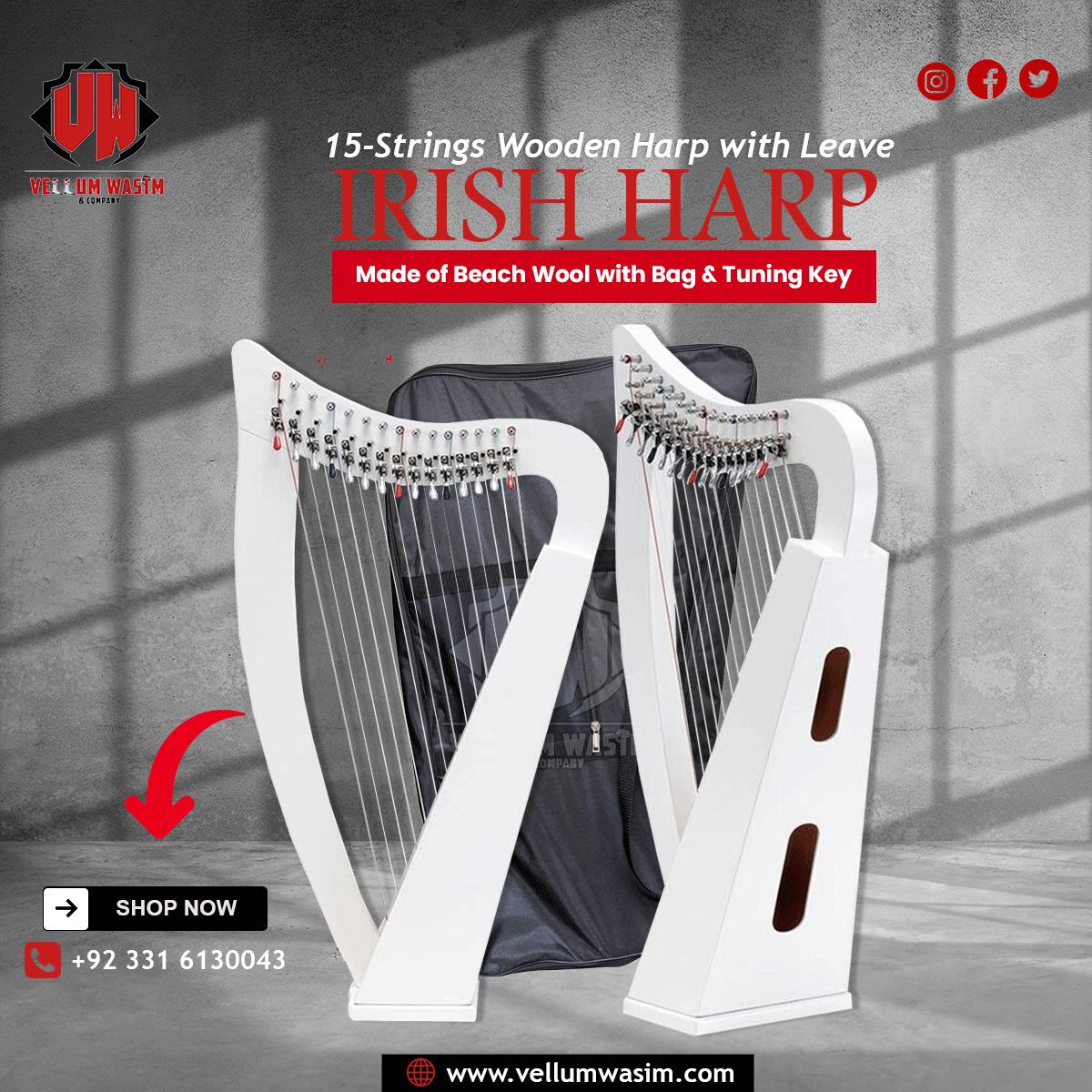 15弦ハープ　ハープ　アイリッシュハープ　ソフトケース 15弦アイリッシュハープ：レバーとバッグ付きケルトブナ材ハープ