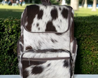 Zaino in pelle di vacchetta fatto a mano: pelle con pelo naturale, 16x9x13 pollici