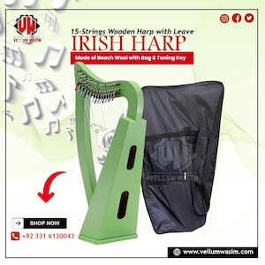 New 15 Strings Irish Harp, Celtic Irish Harp with Levers & Bag Made of Solid Beach Wood by VellumWasim .