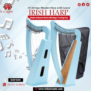 New 15 Strings Irish Harp, Celtic Irish Harp with Levers & Bag Made of Solid Beach Wood by VellumWasim .