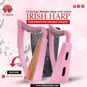 New 15 Strings Irish Harp, Celtic Irish Harp with Levers & Bag Made of Solid Beach Wood by VellumWasim .