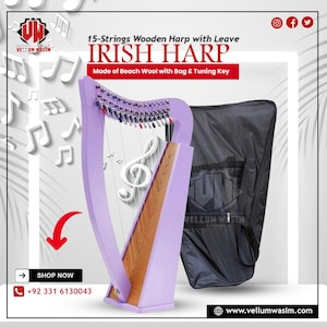 New 15 Strings Irish Harp, Celtic Irish Harp with Levers & Bag Made of Solid Beach Wood by VellumWasim .