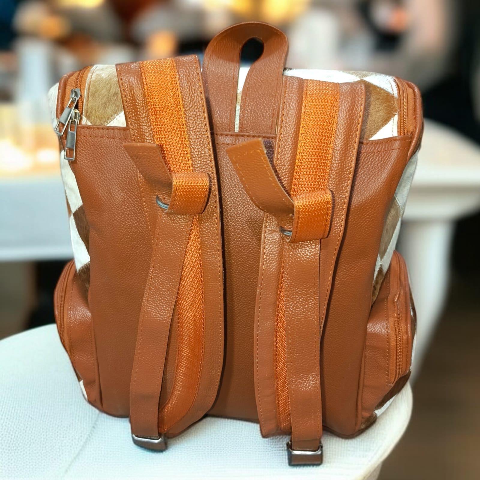 Handmade Cowhide Patchwork Backpack: Natural Leather Travel 