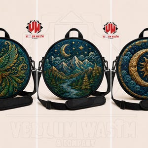May include: Three round crossbody bags with black straps. The bags feature detailed illustrations: a peacock, a mountain landscape with a river, and a sun and moon design. Each bag has a top handle and a shoulder strap.