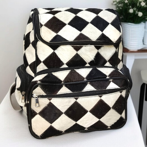Black & White Diamond Patchwork Backpack Patchwork Cowhide Mini Backpack Hair-On Leather | JacketSuiting main image 2