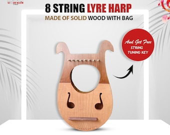 May include: A wooden 8-string lyre harp with a sound hole and a tuning key. The harp is made of solid wood and comes with a bag. "And Get Free String Tuning Key" is written in red on a white circle.