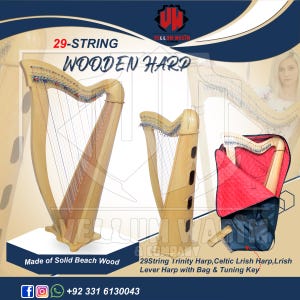 New 29 Strings Trinity Harp, Celtic Irish Harp with Levers & Bag Made of Solid Beach Wood by VellumWasim .