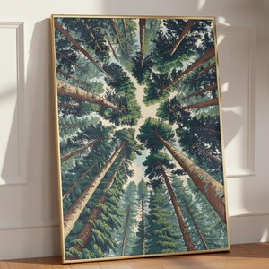 Väggkonst med skogstak, tryck med talltoppar, dekor med vintergröna skogar, poster med naturlandskap, väggkonst med skogsmark, tryck med gröna träd