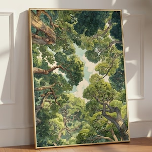 Puede incluir: Una impresión de arte mural rectangular enmarcada que muestra una vista en ángulo bajo de un denso dosel forestal. La ilustración representa troncos y ramas gruesos y texturizados con un follaje verde exuberante hacia el cielo.