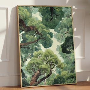 Puede incluir: Una impresión de arte mural rectangular enmarcada que muestra una vista en ángulo bajo de un denso dosel forestal. La ilustración presenta varios tonos de follaje verde, troncos de árboles texturizados y ramas hacia un cielo color crema.