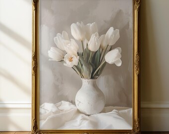Neutral Tulip Floral Art Print, Vintage Vase Still Life (Digital Download)