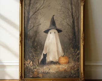 May include: A framed wall art print featuring a white ghost wearing a dark pointed hat, standing in a forest with a black cat and an orange pumpkin. The ornate gold frame surrounds the rectangular artwork, which depicts a muted autumn scene.