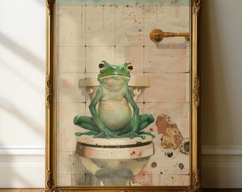 Retro Frog Toilet Wall Art, Quirky Vintage Bathroom Poster (Digital Download)