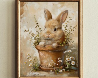 impression vintage de lapin de Pâques, peinture à l'huile florale de lapin, décor de chambre d'enfant de ressort (téléchargement numérique)