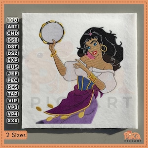 May include: Embroidered patch featuring a woman with black hair, blue eyes, and gold jewelry, holding a tambourine. She wears a white blouse, purple skirt, and a blue corset. The patch includes the text "2 Sizes" and various file format codes.