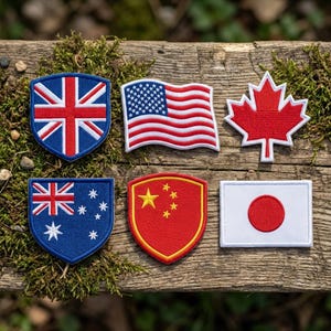 Servicio de parches bordados de banderas de países. Diseño propio. Termoadhesivos, cosidos, con velcro y reverso adhesivo. Reino Unido, EE. UU., Canadá.