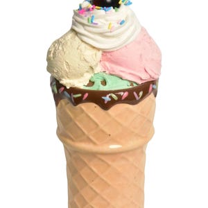 Tall XL Faux Ice Cream Sundae- ceramic cone mug, fake chocolate, vanilla, strawberry, mint chocolate chip ice cream, life size prop decor