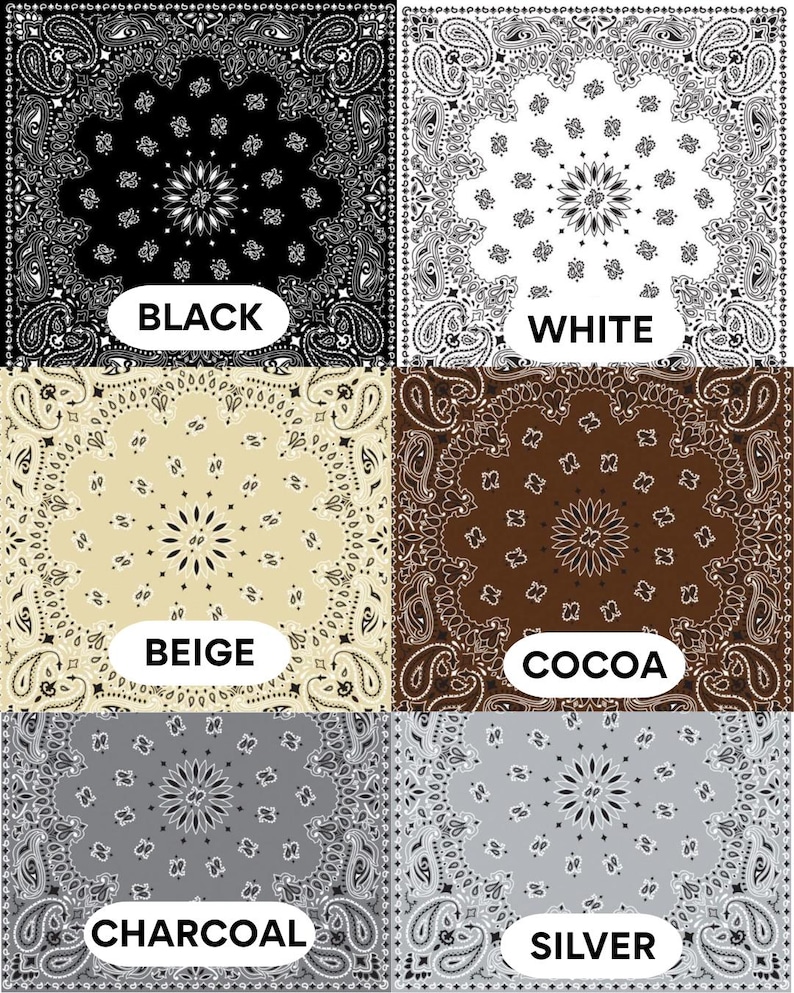 Puede incluir: Colecci&oacute;n de seis pa&ntilde;uelos bandana con estampado de cachemira en varios colores: negro, blanco, beige, cacao, carb&oacute;n y plateado. Cada pa&ntilde;uelo presenta un detallado dise&ntilde;o floral y de l&aacute;grima, con el nombre del color en un &oacute;valo blanco.