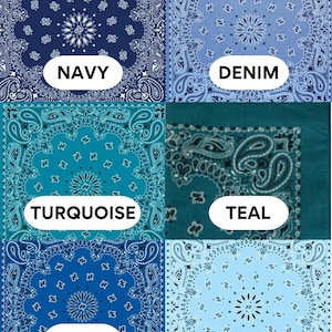 Puede incluir: Colecci&oacute;n de seis pa&ntilde;uelos con estampado de cachemira en varios tonos de azul y turquesa. Cada pa&ntilde;uelo presenta un dise&ntilde;o floral central y est&aacute; etiquetado con un nombre de color: Navy, Denim, Turquoise, Teal, Royal y Aqua.