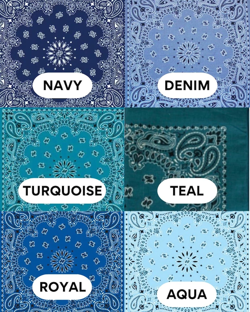 Puede incluir: Colecci&oacute;n de seis pa&ntilde;uelos con estampado de cachemira en varios tonos de azul y turquesa. Cada pa&ntilde;uelo presenta un dise&ntilde;o floral central y est&aacute; etiquetado con un nombre de color: Navy, Denim, Turquoise, Teal, Royal y Aqua.