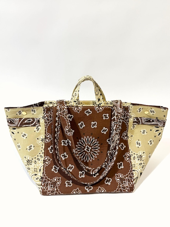 Cocoa Brown & Beige Large Handmade Bandana Tote Bag | Coastal