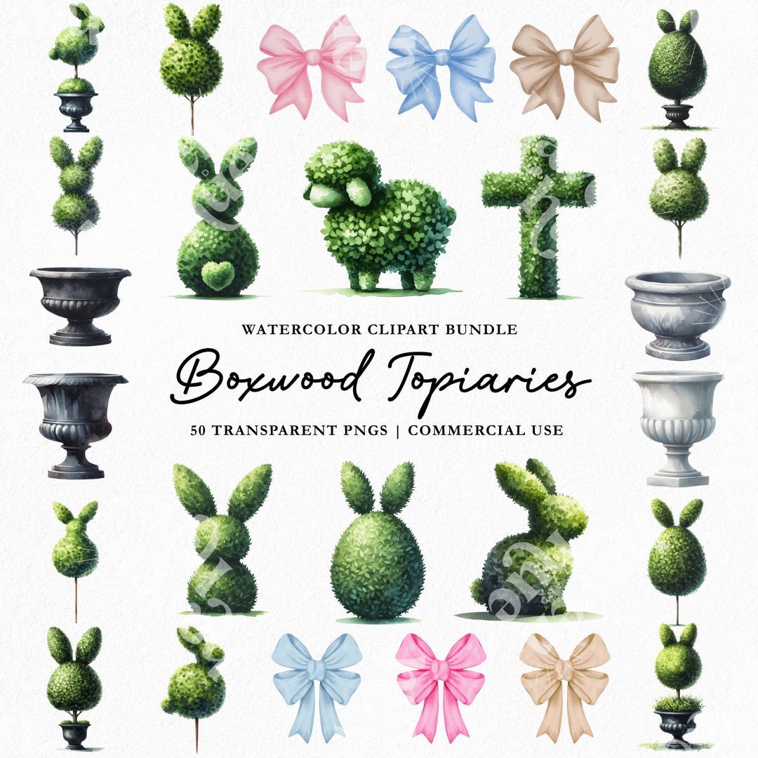 Watercolor Boxwood Easter Bunny Topiary Clipart Png Bundle, Preppy ...