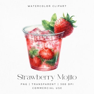 May include: A watercolour illustration of a strawberry mojito in a clear plastic cup. The drink contains ice, strawberries, and mint leaves. A large strawberry sits on the rim. Text at the top reads "WATERCOLOR CLIPART" and at the bottom "Strawberry Mojito".
