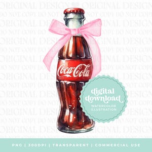 Może przedstawiać: Akwarelowa ilustracja butelki Coca-Cola z różową kokardą. Butelka ma czerwoną etykietę z logo Coca-Cola i turkusową odznakę z napisem "digital download". Obrazek jest oznaczony jako "watercolor illustration".