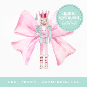 Puede incluir: Ilustración en acuarela de un lazo rosa y un soldado cascanueces con uniforme rosa y turquesa, sosteniendo un bastón. La imagen incluye el texto "digital download WATERCOLOR ILLUSTRATION". La parte inferior de la imagen incluye el texto "PNG | 300DPI | COMMERCIAL USE".