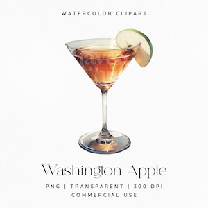 May include: Watercolor clipart of a Washington Apple cocktail in a martini glass. The drink is amber-colored, garnished with a green apple slice. Text at the top reads "WATERCOLOR CLIPART" and at the bottom "Washington Apple".