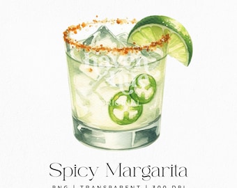 Spicy Margarita Clipart, Watercolor Cocktail PNG, Jalapeño Margarita Illustration, Lime Tequila Summer Drink,