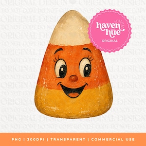 May include: A digital illustration of a candy corn character with a white top, orange middle, and yellow base. The candy has a smiling face with large black eyes, long eyelashes, a small round nose, and a wide mouth. A pink circular logo reads haven and hue ORIGINAL.