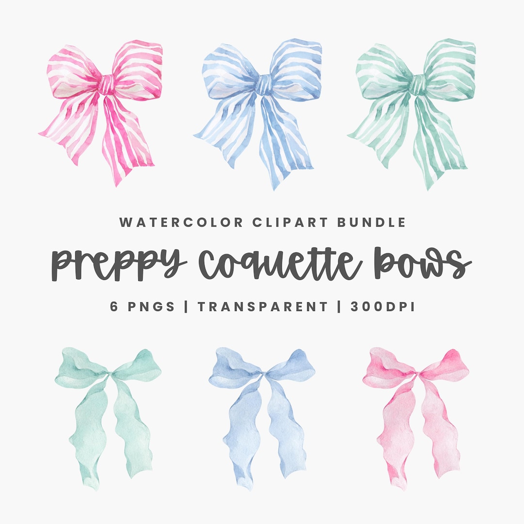Watercolor Bow Clipart, Preppy Coquette Ribbon Bows, Pink Blue Green ...