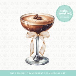 May include: Watercolor illustration of a cocktail in a stemmed glass, garnished with coffee beans. The glass is tied with a cream-colored ribbon. The image includes the text "digital download" and "watercolor illustration".