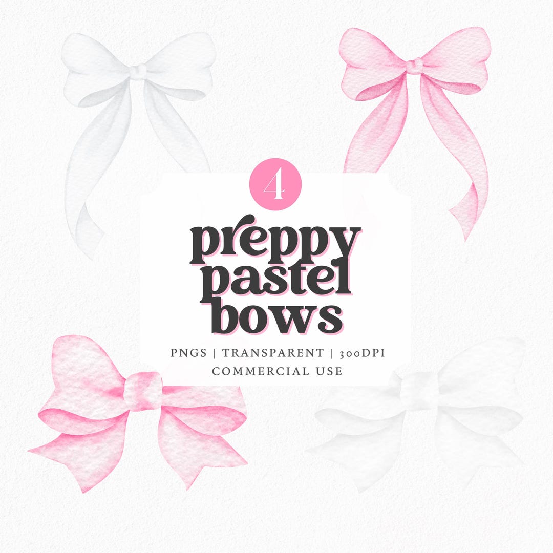 Pink Bow Clipart, Watercolor Preppy Ribbon PNG, Pastel Coquette Clipart ...