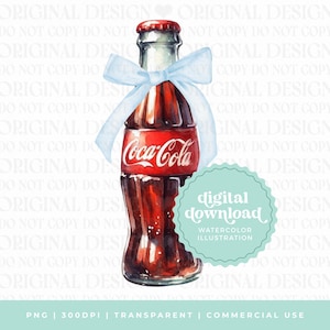 Coke Watercolor Clipart, Blue Bow Soda Bottle Illustration (Digital Download)