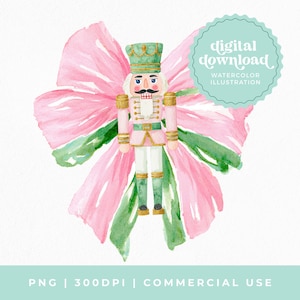 May include: Watercolor illustration of a pink and green nutcracker soldier with a pink bow. The nutcracker has a green hat and boots, a white beard, and a pink uniform with gold accents. The image includes the text "digital download" and "watercolor illustration".