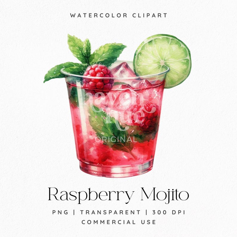Line Drawing Raspberry Mojito Raspberry Mojito Clipart, Watercolor Cocktail PNG, Tropical Beach Tiki ...