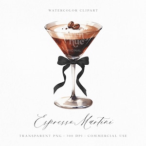 May include: A watercolour illustration of an espresso martini. The drink is in a classic martini glass, with a black bow tied around the stem. Two coffee beans sit atop the creamy foam. The words "Espresso Martini" are written below.