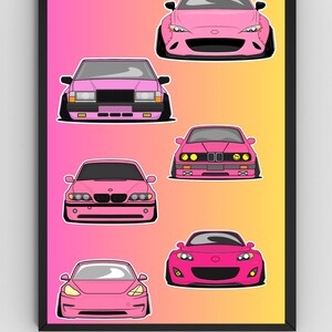 Könnte beinhalten: Ein digitaler Kunstdruck mit sechs rosafarbenen Autos mit schwarzen Umrissen vor einem Farbverlaufshintergrund aus Rosa und Gelb. Die Autos sind alle nach vorne gerichtet und haben einen cartoonartigen Stil.