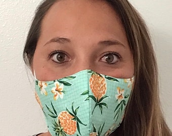 Adjustable Adult Hawaiian Print Aqua Pineapple  Face Mask (triple lined) One Size fits all