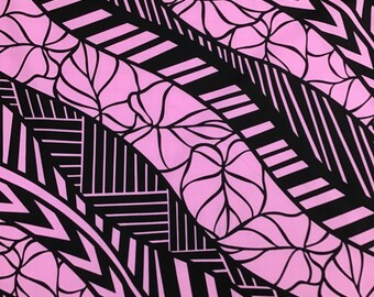 May include: Pink fabric with a black geometric pattern and floral design. The pattern features a combination of straight and curved lines, creating a dynamic and modern look.
