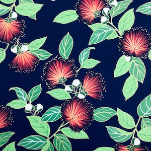 Navy Blue Lehua Blossom Tropical Hawaiian Print Fabric in 100% Cotton Sold by the Yard