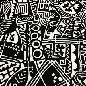 Black/White Retro Tribal Hawaiian Print Poly Cotton Fabric Sold by the Yard
