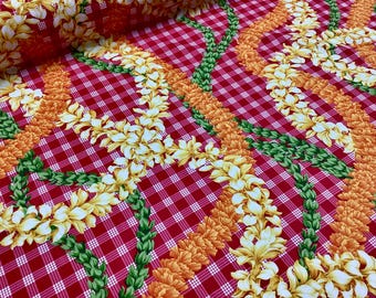 Beautiful Flower Leis on Printed Red Palaka Hawaiian Print 100